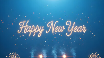 Happy new year celebration with fireworks and sparkles on blue background