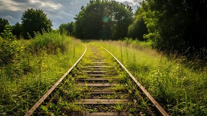 Abandoned railway track curving into the distance through overgrown grass and trees.