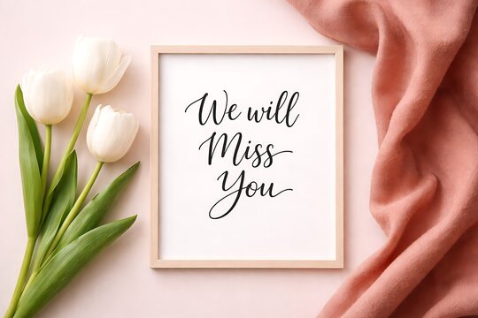 Sentimental flat lay featuring a we will miss you message framed with flowers and fabric
