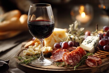 People are sharing red wine, cheese, and charcuterie on a wooden platter at an indoor gathering during the evening hours with soft lighting Generative AI