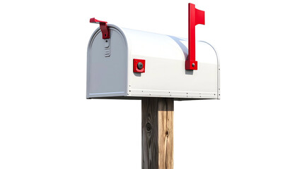 A white, metal mailbox with a red flag sits atop a wooden post against a dark background