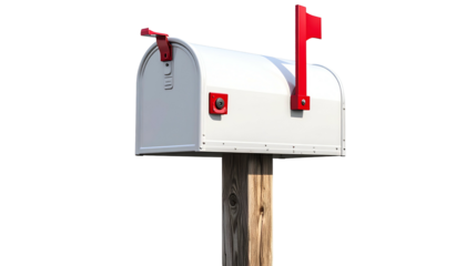 A white, metal mailbox with a red flag sits atop a wooden post against a dark background