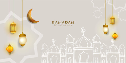 Ramadan Mubarak Islamic greeting card with mosque, stars, moon and lantern vector illustration background.