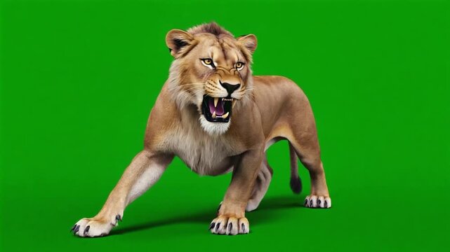A fierce lioness is shown in a powerful stance on a green screen in this video