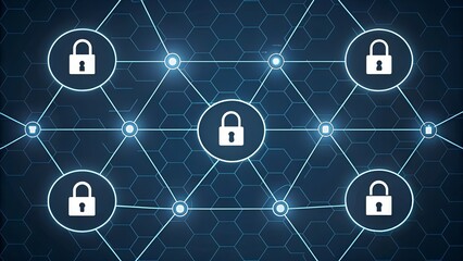 Encrypted Grid – Glowing Nodes with Padlock Icons Connected by Lines on Hexagonal Background, encrypted, grid, nodes, padlock, icons, glowing, lines, security, blockchain, digital