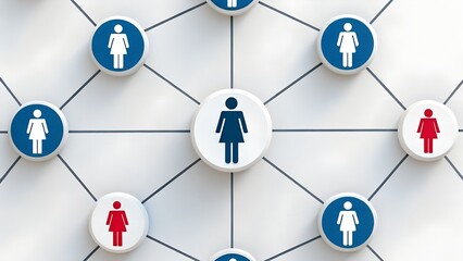 Influence Spread – Blue, Red, and White Circular Icons with Silhouettes Connected by Lines on Network Grid, influence, spread, icons, silhouettes, blue, red, white, network, communication