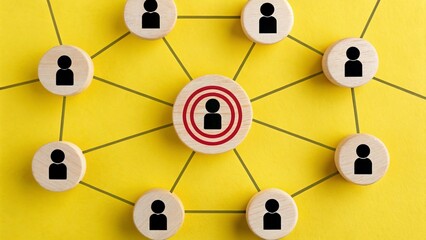 Target Node – Wooden Tokens with User Icons Connected by Black Lines on Yellow Background with Central Red Focus, target, node, tokens, icons, network, lines, yellow, central, influence, organization