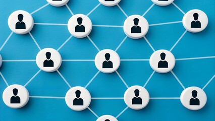 Connected System – Circular Icons with Silhouettes Linked by White Lines on Blue Background, connected, system, icons, silhouettes, network, lines, blue, collaboration, communication, organization