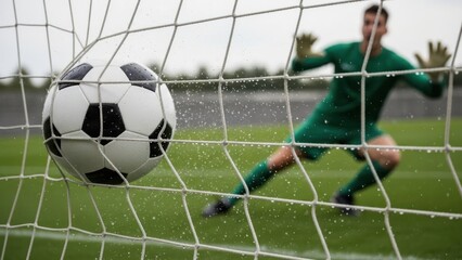 Soccer ball strikes the goal net