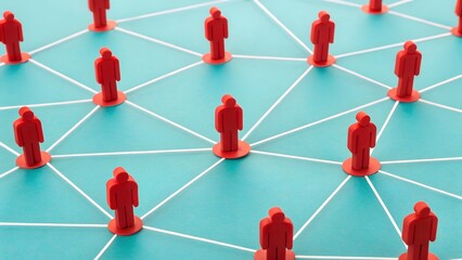 Network Nodes – Red Human Figures Connected by White Lines on Teal Background, network, nodes, red, figures, lines, teal, social, communication, organization, connectivity