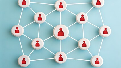 Digital Links – White Buttons with Red Person Icons Connected by Lines on Light Blue Background, digital, links, buttons, icons, people, network, red, blue, communication, organization