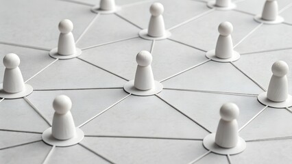 System Links – White Game Pawns Connected by Lines in Network Formation on Flat Surface, system, links, pawns, white, network, lines, connectivity, communication, structure, organization