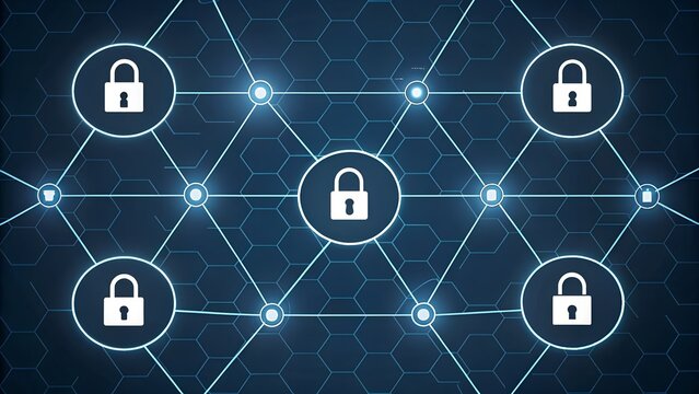Encrypted Grid – Glowing Nodes with Padlock Icons Connected by Lines on Hexagonal Background, encrypted, grid, nodes, padlock, icons, glowing, lines, security, blockchain, digital - Powered by Adobe
