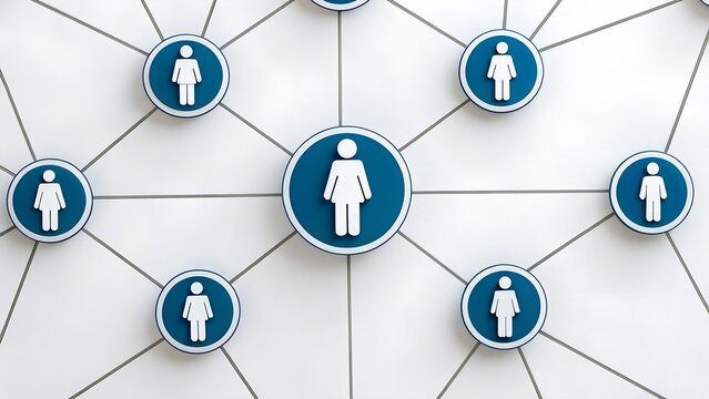 Focal Network – Circular Icons with Human Figures Connected by Lines on White Background with Central Female Node, focal, network, icons, figures, female, central, lines, collaboration, communication - Powered by Adobe