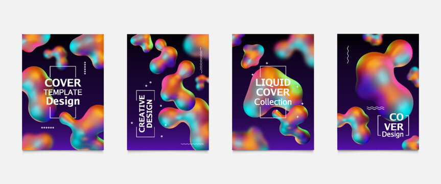 3d liquid background. Abstract gradient chrome bubble, fluid metal shapes or iridescent color splash bubbles. Holographic blob. Business minimal design. Vector isolated figures set