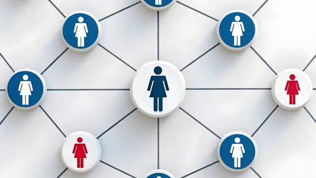 Influence Spread – Blue, Red, and White Circular Icons with Silhouettes Connected by Lines on Network Grid, influence, spread, icons, silhouettes, blue, red, white, network, communication - Powered by Adobe