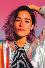 young woman in holographic jacket posing confidently pink backdrop