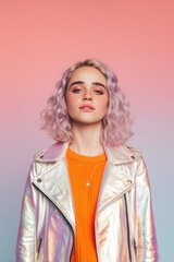 Young woman in iridescent jacket posing with confidence
