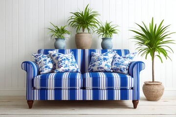 Blue striped sofa with plants in cozy living room