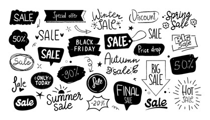 Doodle sale elements. Free chalk hand drawn handmade label, sketch price text or offer banner design. Percentage number, advertisement isolated scribble bubbles. Vector icons collection