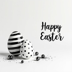 A minimalist Easter scene featuring striped and polka dot eggs with confetti