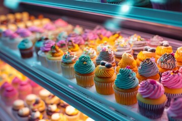 Cupcakes are arranged in a display case at a bakery. Each cupcake features different frosting colors and toppings. Customers look at the selection Generative AI