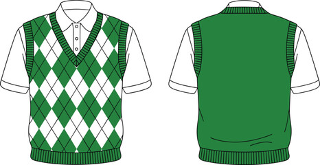 Green Argyle Knit Sweater Vest Technical Fashion Sketch Template with White Polo Shirt for Men's Sportswear Apparel Design Mockup Illustrations