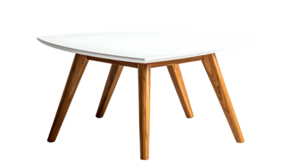 A modern, minimalist triangular table with white top and wooden legs, isolated on black
