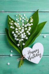 Lily of the valley bouquet with heart-shaped birthday note on mint wooden background