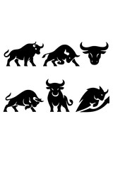 Obraz premium Set of bull logo designs featuring stylized silhouettes of standing and attacking bulls, including the ox as a Chinese New Year symbol, with vector icons for the Taurus zodiac, financial markets, and