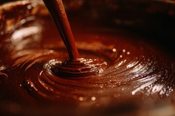 A mixture of molten chocolate is being stirred in a bowl on a kitchen countertop. The smooth texture and rich color stand out as it swirls Generative AI