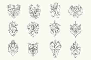Animals for Heraldry in vintage , Wolf, Tiger, Eagle, Serpent, Raven set for T-Shirt, poster design. Retro halften animal set vector illustration. Eps 10