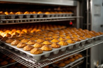 Muffins are arranged in trays inside an oven. The oven is large and filled with many trays of rising muffins, showing a busy baking process in the afternoon Generative AI