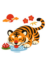 Fototapeta premium Illustration of a Chinese Bengal tiger used as a New Year decoration, showing the big cat drinking water and smiling, serving as an Asian talisman linked to astrology and religion, rendered in flat