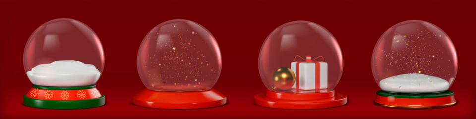 3d snow ball set. Glass new year globe, merry xmas holiday decoration. Happy christmas winter crystal, transparent render sphere, stars glitter, wrapped giftbox. Vector realistic elements