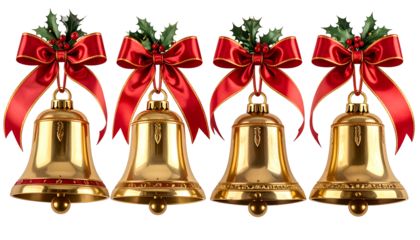 Four golden bells with red bows, holly, and berries, arranged in a row