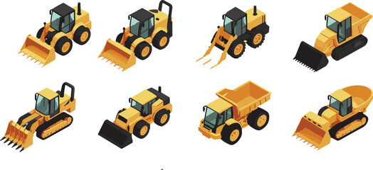 Isometric construction site vector set featuring yellow heavy machinery, excavators, dump trucks, workers, building materials, bricks, pipes, and industrial tools. © Shafiqul