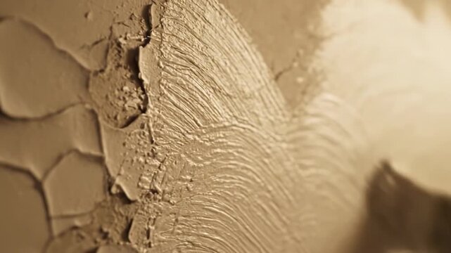 A paintbrush applies thick, textured paint onto a cracked surface. This creates new artistic patterns and covers old imperfections.