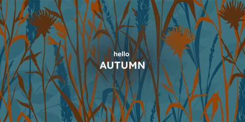 Fall background. Abstract pattern. Hello autumn. Thanksgiving elegant design or foliage art texture. Silhouette meadow wildflowers. Plants leaves and flowers. Vector autumnal poster