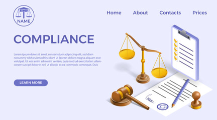 Law compliance. Isometric 3D legal regulatory landing page. Ethics or policy rule for company document procedure. Website design template. Judge scale. Contract signature. Vector background
