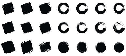 Collection of black textured circles rounded and rectangles on a white background. Paint brush strokes.