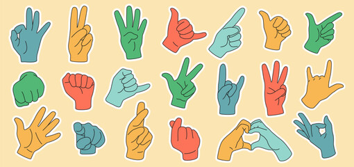 Hand gestures set. Thumb up, finger ok or love sign, retro logo shape. Modern trend arm, open palm art colorful patch. Forefinger pointing, expression symbols. Vector icons flat illustration