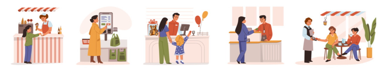 Grocery cashier. Shop counter. People pay in store or cafe by card. Consumer cash payment. Buyers making purchase. Shopping app. Waiter taking order in restaurant. Vector concepts set