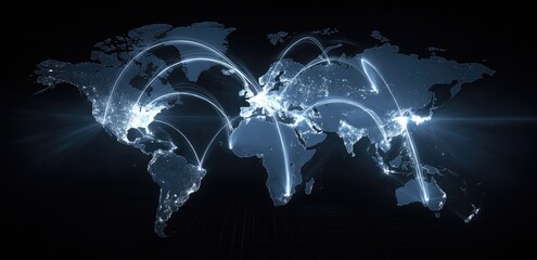 Global network map, highlighting interconnected cities and pathways