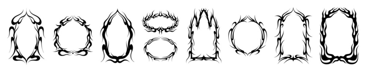 Gothic ornament. Tribal fantasy border, horror Halloween tattoo shape or baroque line decoration. Oval square and round scary arch, black frames, graphic design. Vector icons isolated set