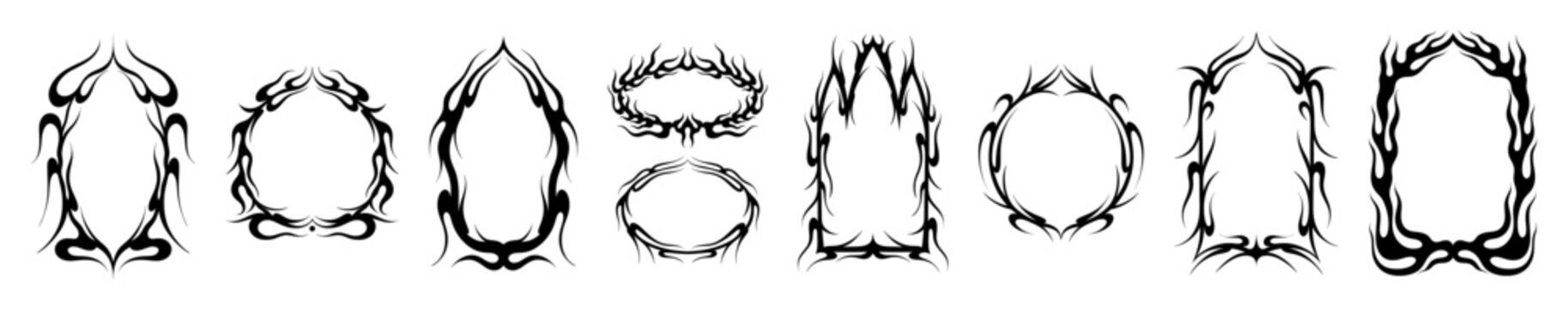Gothic ornament. Tribal fantasy border, horror Halloween tattoo shape or baroque line decoration. Oval square and round scary arch, black frames, graphic design. Vector icons isolated set