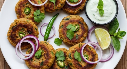 Delicious Indian Hara Bhara Kabab Platter with Mint Chutney and Lime.