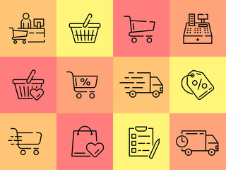 Commerce icons. Shopping symbols. Supermarket cart and basket. Online store square sign. Express delivery. Payment money. Cashier at counter. Customer feedback. Vector line pictograms set