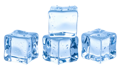 Clear, close-up shot of four ice cubes with irregular edges, on a black backdrop