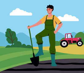 Cartoon countryside. Happy agriculture worker standing with shovel. Farm tractor. Gardener digging seedbed soil. Harvest growing. Natural products cultivation. Vector farming concept
